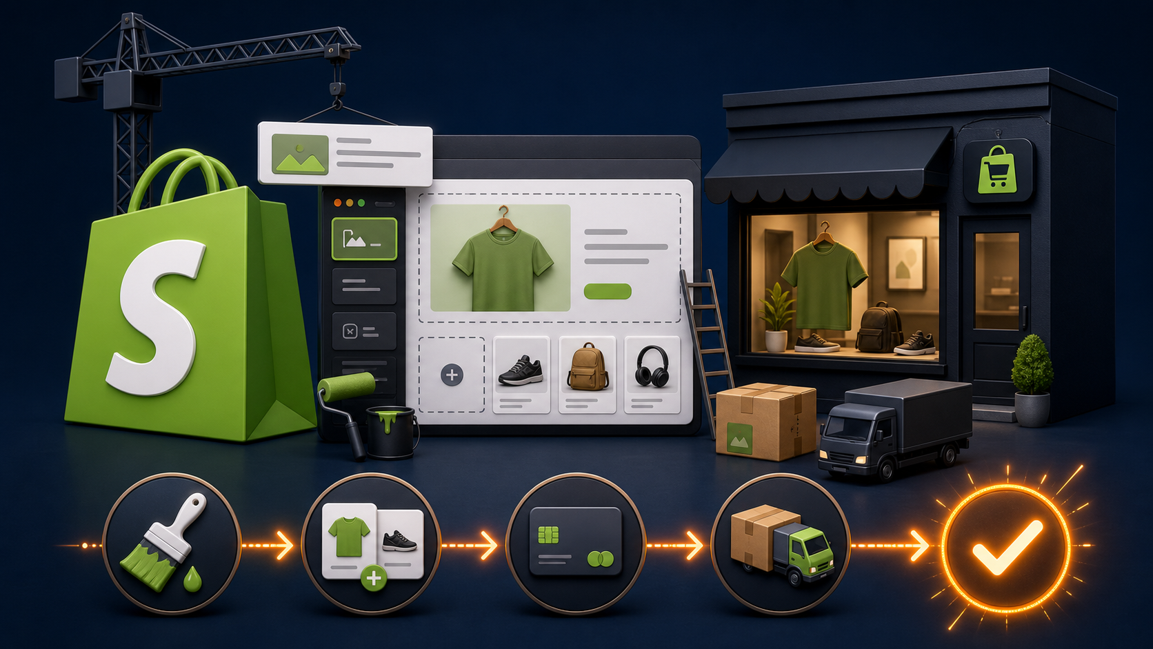 Shopify store setup with products, checkout, and fulfillment